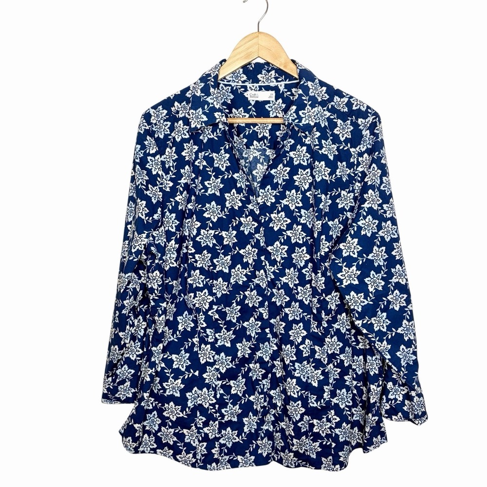 Croft and Barrow Floral Top Blue White Womens Size 2X Nautical Preppy Tropical